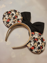 Load image into Gallery viewer, Mickey Mouse ears with black sparkle bow and red Mickey silhouette embellishment
