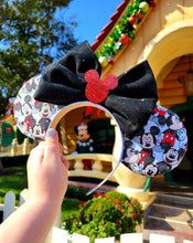 Load image into Gallery viewer, Mickey Mouse ears with black sparkle bow and red Mickey silhouette embellishment
