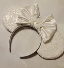 Load image into Gallery viewer, White satin and lace bridal inspired Mickey ears headband
