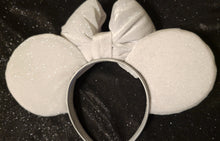 Load image into Gallery viewer, White velvet with silver glitter Mickey ears with puffy bow
